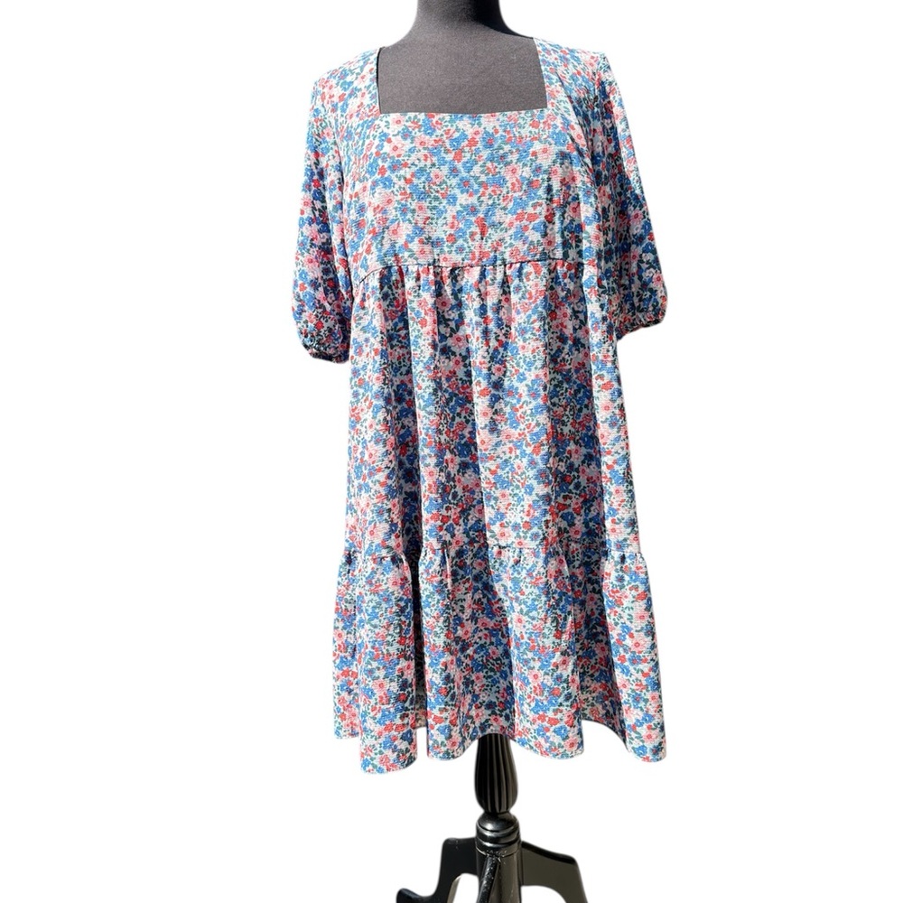 BCBG Paris Blue and Pink Puff Sleeve Dress